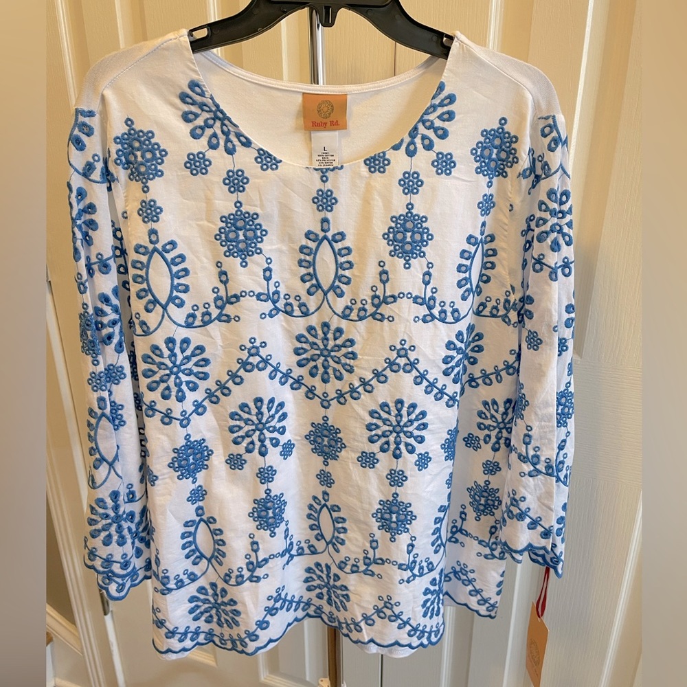 Ruby Rd. Top, Size Large, Blue & White, NWT